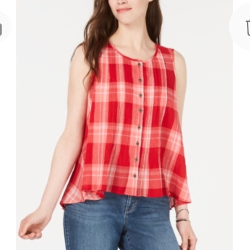 Style & Co. Red and Pink Plaid Sleeveless Button-Front Top #2400